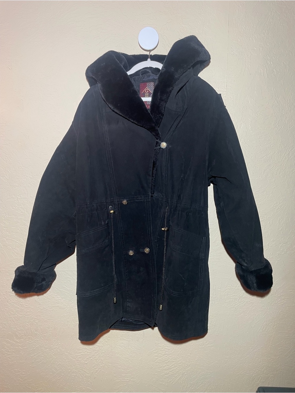 G-III Carl Banks Black Suede Leather Hooded Faux Fur-Lined Coat